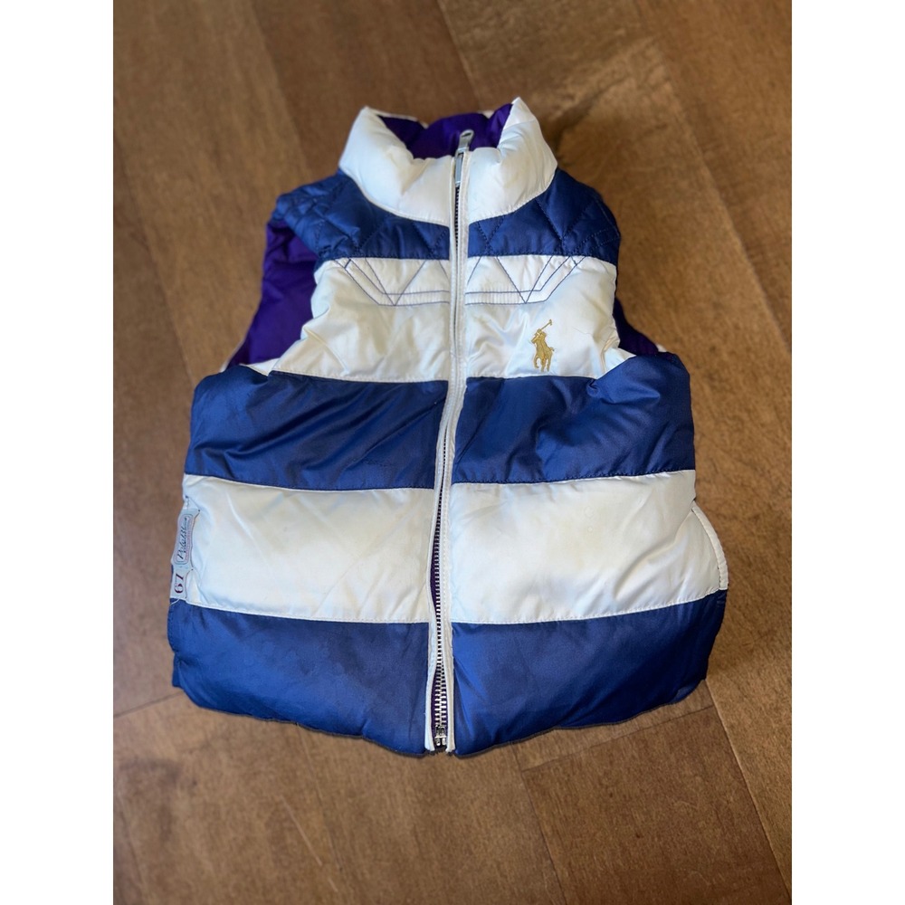 Polo Ralph Lauren Kids Reversible Puffer Vest Purple Blue White Striped Crest - Picture 2 of 12